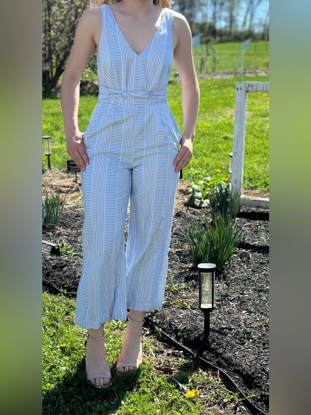 Lucky Brand Blue and White Striped V-Neck Wide-Leg Jumpsuit